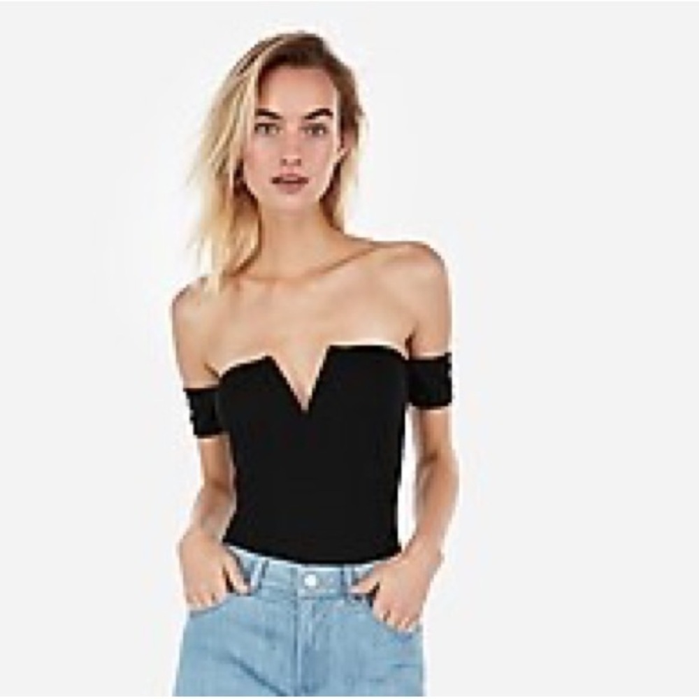 Express Black Off-Shoulder Notch V-Wire Ribbed Thong Bodysuit Body Suit Top